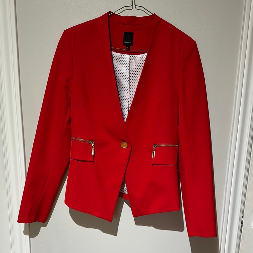 Studio F Red Blazer Modern Collarless Design